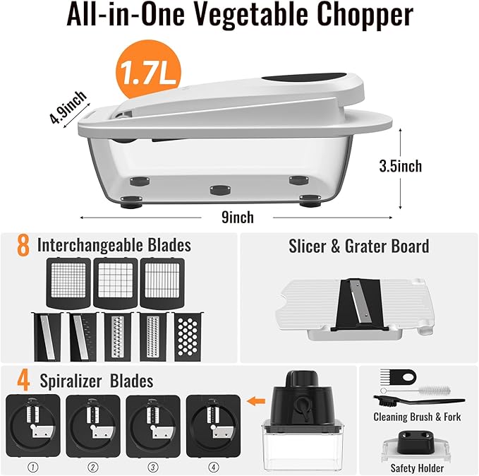 12 Blade All-in-1 Vegetable Chopper Mandoline Slicer with Container, Spiralizer with Containers, Food Chopper, Onion Chopper, Veggie Cutter for Salad, Kitchen Gadgets Accessories Essentials, White