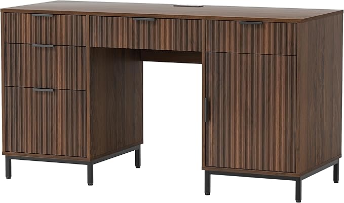 55" Large Fluted Executive Desk with Charging Station, Computer Desk with Storage Cabinet and File Drawer, Modern Wooden Home Office Desk for Workspace, Writing, Study, Brown