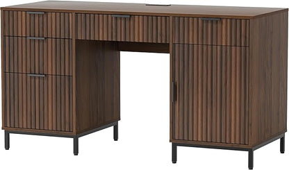 55" Large Fluted Executive Desk with Charging Station, Computer Desk with Storage Cabinet and File Drawer, Modern Wooden Home Office Desk for Workspace, Writing, Study, Brown