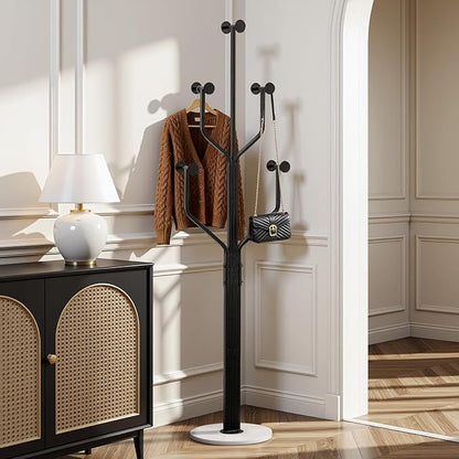 Coat Rack Freestanding with 10 Hooks, Metal Coat Rack Stand, Heavy Duty Standing Coat Tree with White Sturdy Round Base for Clothes, Hat, Jacket/Entryway, Hallway, Bedroom, Black