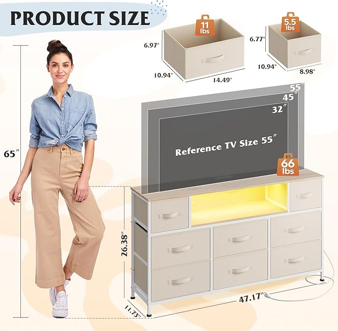 WLIVE Dresser TV Stand for 45, 50, 55 inch TV, Entertainment Center with LED Lights & Charging Station, Chest of Drawers with 8 Fabric Drawers and Open Shelves for Living Room, Hallway, Cream White