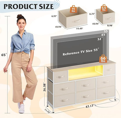 WLIVE Dresser TV Stand for 45, 50, 55 inch TV, Entertainment Center with LED Lights & Charging Station, Chest of Drawers with 8 Fabric Drawers and Open Shelves for Living Room, Hallway, Cream White