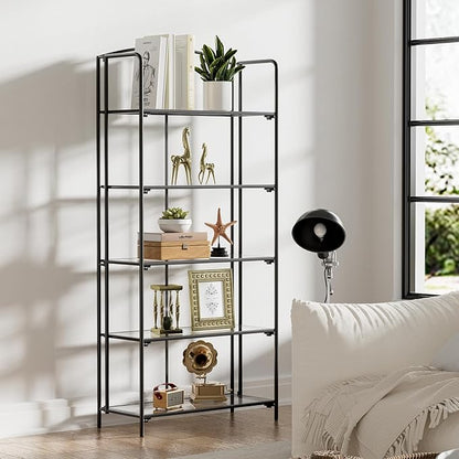 Crofy No Assembly Folding Bookshelf for Living Room, 5 Tier Black Collapsible Book Shelf for Home Office, Portable Bookcase Storage Organizer