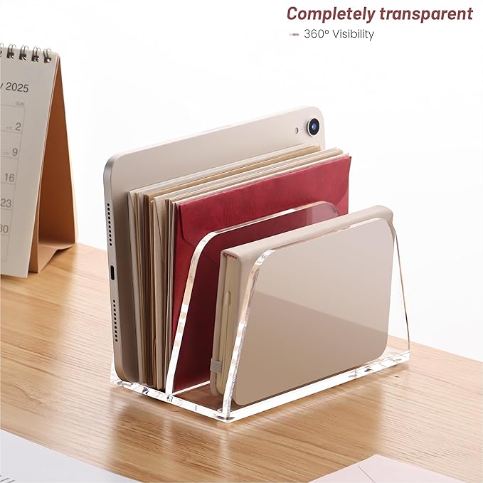 YUXUN Acrylic Mail Organizer,2 Sections Vertical Desk Organizer,Clear Envelope Holder Bill Organizer Letter Sorter for Mail,Envelope,Bill,Notebook,Post-it Note for Home,Office,Classroom