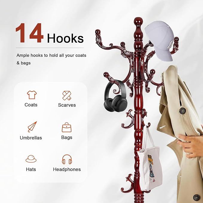 Wooden Coat rack freestanding, Coat racks stand with 14 Hook, Heavy duty coat tree standing 3 Adjustable Heights for Bedroom, Entryway, Hallway, Office,Stury Base (Redwood)