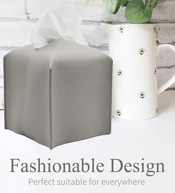 Livelab Tissue Box Cover Holder, Square Modern Decoration PU Leather Facial Tissues Case Roll Paper Dispenser for Bathroom Vanity Countertop, Night Stands, Office Desk Car 5X5X5'' | Pastel Grey