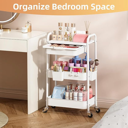 3 Tier Metal Rolling Utility Cart with Drawer & Lockable Wheels - Heavy Duty Multifunctional Storage Organizer with 2 Cups and 4 Hooks for Bathroom, Kitchen, Snack, Craft, Makeup, Baby Essentials