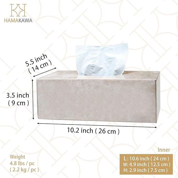 HAMAKAWA Natural Marble Tissue Box Cover, Beige Tissue Organizer L 10 x W 5.5 x H 3.5 Inch, Heavy Stone Decorative Box, Square Tissue Box Holder for Home Decor, Kitchen, Bathroom