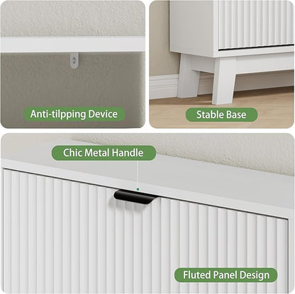 Shoe Cabinet with 3 Flip Drawers, 54" Tall Narrow Fluted Shoe Storage Organizer for Entryway, Hidden Slim Wooden Shoe Rack Cabinet for Front Door Entrance, Hallway, Living Room, Solid White