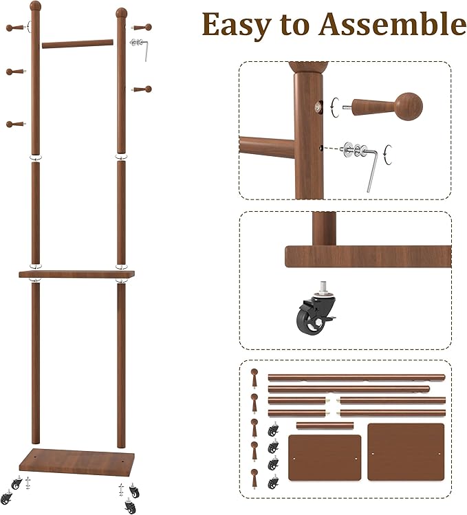 Coat Rack Freestanding Solid Wood Clothing Rack with Wheels & 2 Storage Shelves & 5 Hooks,Rotary Heavy Duty Wood Coat Tree Stand Hat Hanger Rack for Entryway Bedroom Living Room Corner(Walnut)