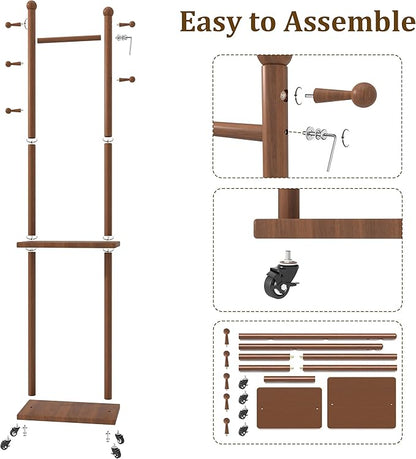 Coat Rack Freestanding Solid Wood Clothing Rack with Wheels & 2 Storage Shelves & 5 Hooks,Rotary Heavy Duty Wood Coat Tree Stand Hat Hanger Rack for Entryway Bedroom Living Room Corner(Walnut)