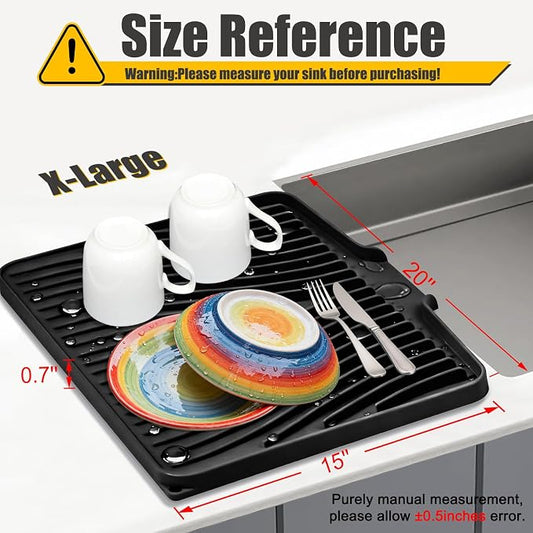 TIKNIK Silicone Dish Drying Mat for Kitchen Counter - Heat Resistant & Non-Slip Dish Drain Pad with Built-In Drain, Dishwasher Safe, Quick-Dry, Hangable & Roll-Up for Storage, Black-1pc, 20" x 15"