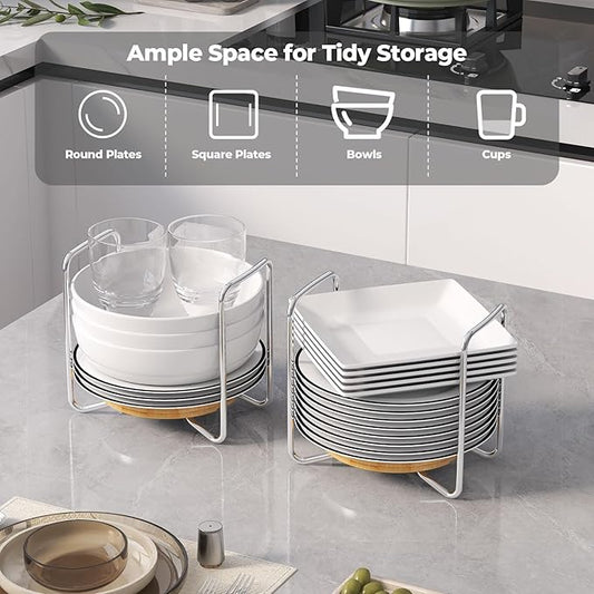 Adjustable Dish Rack for Kitchen Counter - Bamboo Plate Holder Organizer for Cabinet Wooden Bowl Organizer Stainless Steel Plate Stand Storage for Kitchen Drawer Countertop Cupboard Shelf RV