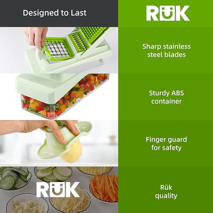 RüK 10-in-1 Vegetable Chopper – 6 Blade Veggie Chopper with Container, Food Dicer, Onion Cutter, Cheese Grater, Mandoline Slicer, Kitchen Gadgets & Home Essentials (Green)