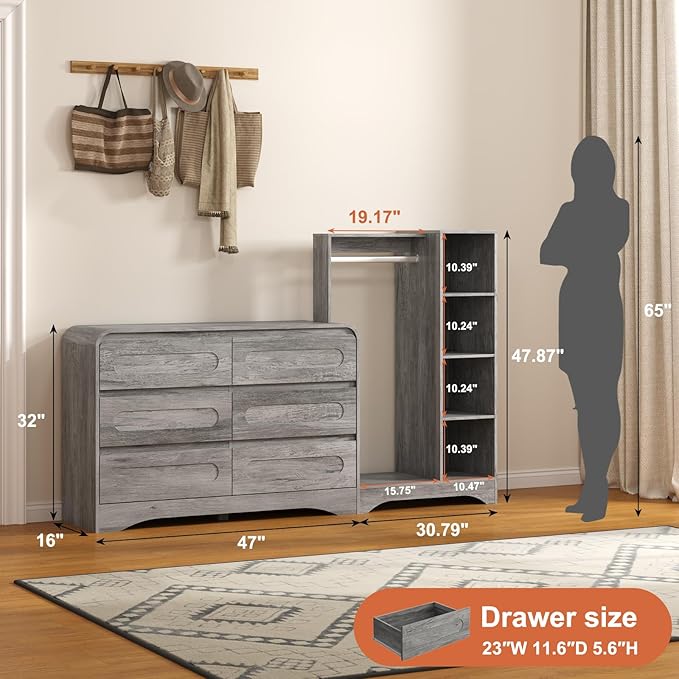 Dresser with Clothes Hanging Rack, Pre-Installed Slides for Fast Installation, 3-in-1 Wardrobe Closet with Drawers and Shoe Shelves, Modern Wood Storage Armoire for Bedroom, Grey