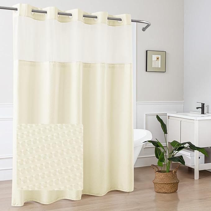 Mrs Awesome No Hook Shower Curtain with Snap-in Liner Less Time On/Off, Embossed Waffle-Look Textured Fabric Shower Curtain for Bathroom, Soft & Lightweight, 71x74, Cream