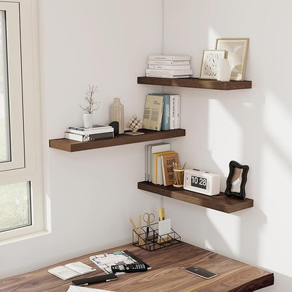 Fun Memories Floating Shelves - 2 Pack 30 Inch Long Rustic Wooden Wall Shelves - 8 Inch Deep Wall Mounted Storage Shelf with Invisible Heavy-Duty Brackets for Books, Bathroom, Kitchen - Walnut