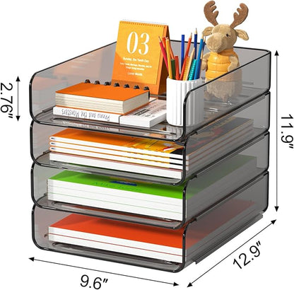 FANXIYQ 4-Tier Acrylic Paper Tray Organizer, Smoked Brown Stackable Desk File Organizer for Documents, Files, Letters, A4 Paper, Books, Notes, Mail & Paper Storage, Office Classroom Home