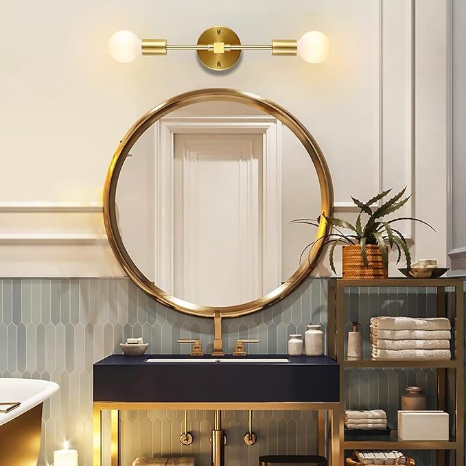 Brushed Brass Wall Sconce 2 Lights Bathroom Vanity Modern Industrial Wall Lamp Wall Mount Lighting Fixture（Gold Color）