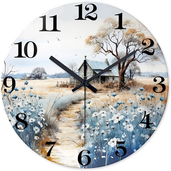 XNM Round Kitchen Wall Clocks Battery Operated 10 Inch Rustic Wall Clock Blue Flower Silent Wall Clock Wood(No Solid Wood, It is with MDF Material)
