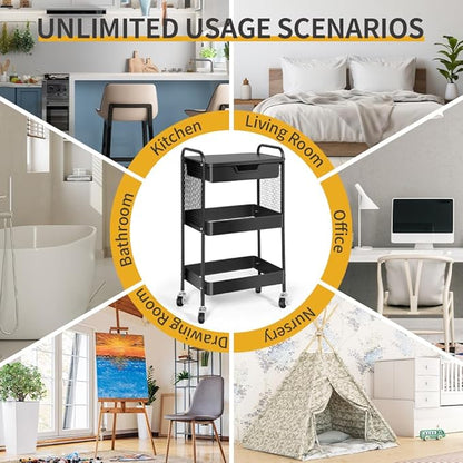 CRUDATE 3-Tier Rolling Cart with Drawer, Metal Utility Storage Cart Organizer with Lockable Wheels&Hanging Cups&Hooks, Mobile Storage Craft Carts Trolley with Mesh Shelves for Kitchen, Office-Black