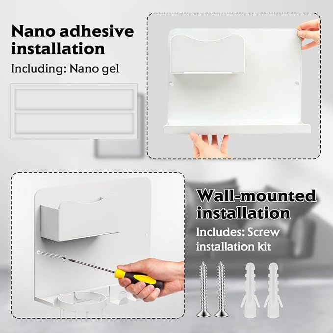 Floating Bedside Wall Shelf Organizer with Remote Control Holder;Metal Adhesive Wall Mount Nightstand Shelf for Bedroom;Dorm Room Essentials;Bed Shelf for Phone,Earphone,Kindle (White)