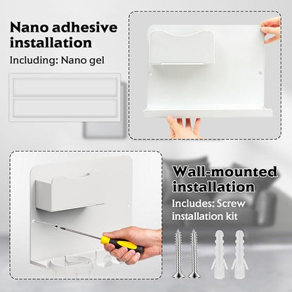 Floating Bedside Wall Shelf Organizer with Remote Control Holder;Metal Adhesive Wall Mount Nightstand Shelf for Bedroom;Dorm Room Essentials;Bed Shelf for Phone,Earphone,Kindle (White)