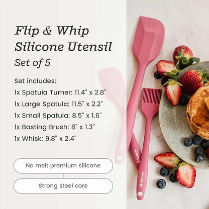 Starpack 'Flip & Whip' Premium Silicone Baking Utensils Set (5 Pcs) - 10" Pink Cooking Utensils with Large and Small Spatulas, Whisk and Basting Brush - Heat Resistant to 600°F - Baking Tool Set