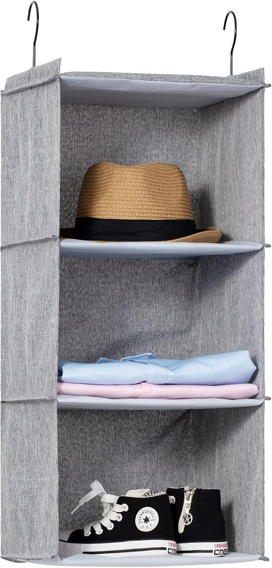 Hanging Closet Organizer 3-Shelf, Oxford Linen Wardrobe Storage, Gray | Easy-mount foldable design holds clothes, handbags, shoes & accessories; washable Oxford fabric, sturdy and space-saving.