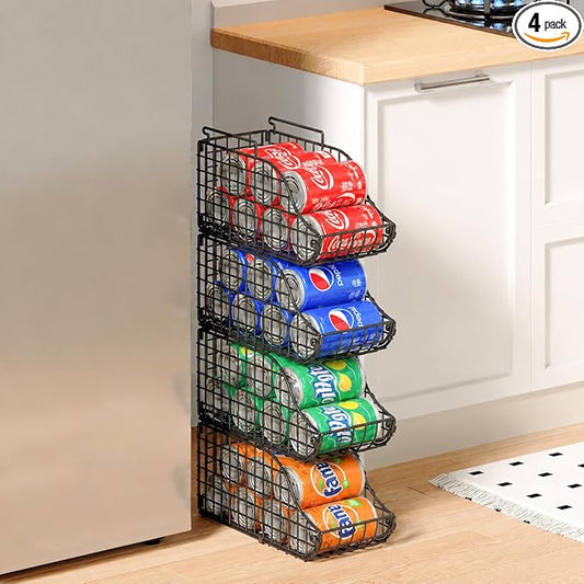 Sonyabecca 4-Pack Stackable Canned Food Organizer with Handles, Soda Can Organizer for Kitchen Pantry Shelves, Foldable Wire Cabinet Shelf for Can Storage, Patent Pending, Black