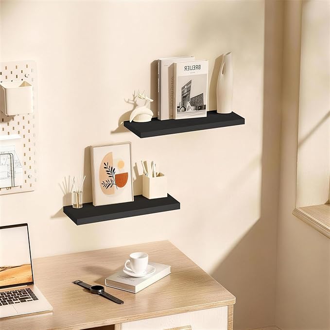 BAYKA Floating Shelves Set of 2, 22.5 inches Black Wall Mounted Shelves for Bathroom, Bedroom, Living Room, Kitchen & Book, Hanging Display Decor Organizer Shelf with 22 lbs Capacity
