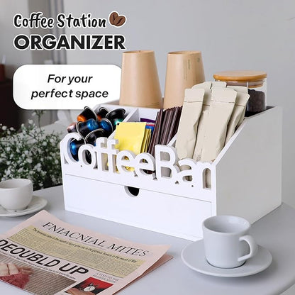 Coffee Bar Organizer for Countertop – Wooden Coffee Station with Drawer, Tea and K Cup Storage Condiment Rack, Coffee Pod Holder for Home and Office Organization (Drawer - White)