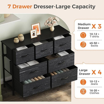 Sweetcrispy 7 Drawer Dresser, Fabric Storage Tower Organizer for Bedroom, Closet, Hallway, Entryway, Tall Chest of Drawers with Steel Frame, Wood Top, Large Storage, Black Wood Grain