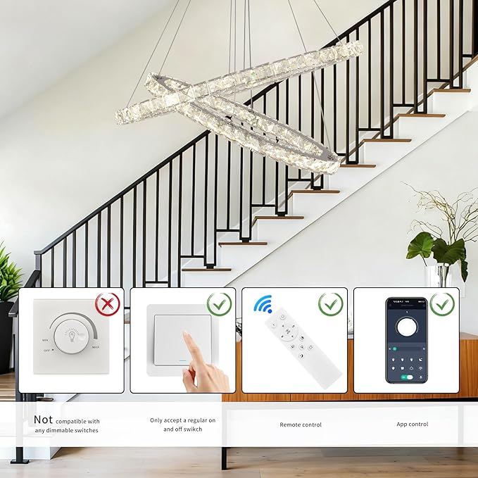 23.6'' Dimmable Oval Crystal Chandelier 2-Ring LED Pendant Island Light with Remote & App Control, 3-Color 2500K–6500K, Adjustable Height for Kitchen Dining Living Room Bedroom