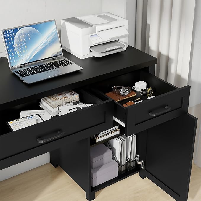 Farmhouse 61'' Executive Desk with 5 Drawers, Rustic Office Desk Computer Desk with Charging Station, File Drawers and Storage Cabinet, Wood Workstation for Study and Home Office,(Pure Black.)