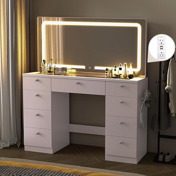 Vanity with Lighted Mirror, Glass Top Makeup Vanity Desk with Power Outlet and 9 Drawers, 3 Color Lighting Modes Adjustable Dresser for Bedroom, White