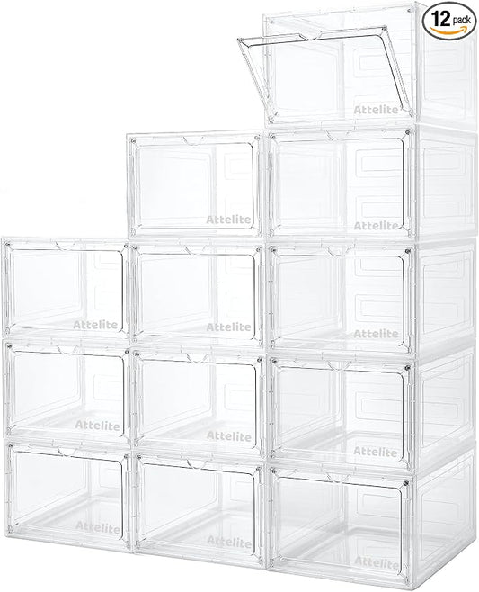 Attelite Upgrade 12pack Shoe Box Storage Containers,Thicken Sturdy Clear Stackable Plastic Shoe Organizer Box with Magnetic Door, X-Large Drop Front Shoe Box