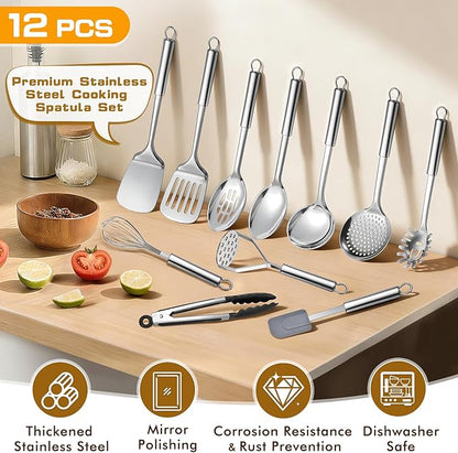 12 Pcs Stainless Steel Cooking Utensils Set, Metal Kitchen Tools Include Utensil Holder, Solid & Slotted Spatula, Spoon, Ladle, Pasta Server, Potato Maseher, Egg Whisk,Cooking Tong, Flexible Spatula