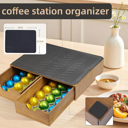 Wooden Coffee Pod Holder Drawer With Silicone Non-Slip Pad,K Cup Organizer Storage Box,Kcup Drawer and Tea Organizer Under Brewer,30 Pod Capacity,Countertop Coffee Station Organizer for Machine Stand