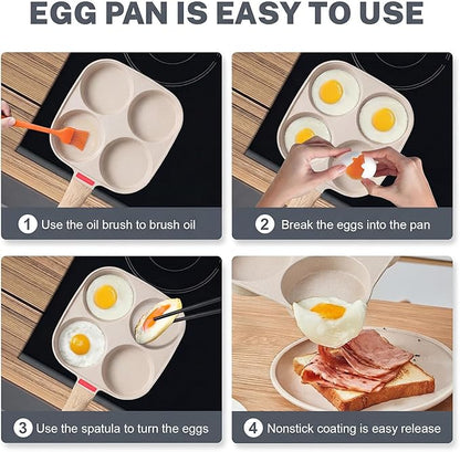 4‑Cup Nonstick Egg Pan Set with Lid – Aluminum Omelette Skillet for Breakfast, Includes Silicone Scraper, Oil Brush, Chopsticks & Cleaning Cloth – Compatible with Gas & Induction Cooktops (White)
