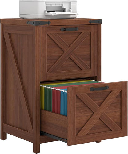 Halitaa 2 Drawer Small File Cabinet, Farmhouse Vertical Filing Cabinet Fits Letter and A4 Size, Under Desk Wooden File Cabinets for Home Office, Printer Stand, Walnut