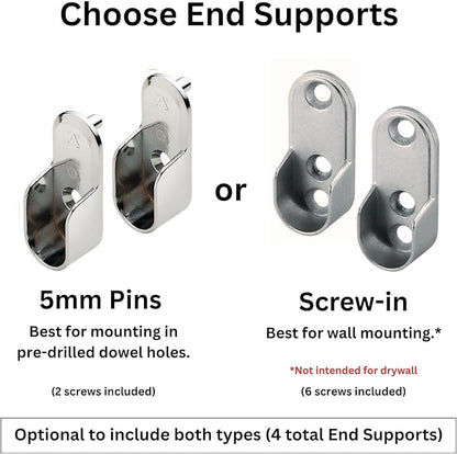 Custom cut to size (12-92 inches) oval closet rod with choice of end support (Chrome)