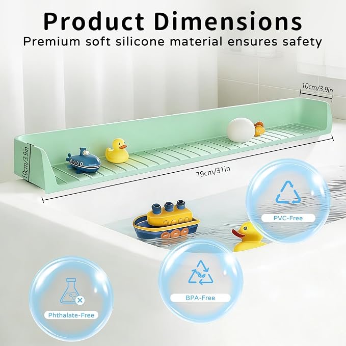 Splash Guard for Bathtub,Silicone Bathtub Splash Guard with Strong Suction Cups, Toy Tray Caddy Holder Storage Over Tub, Prevent Water Splashing in The Bathroom(2.62-FT Green)