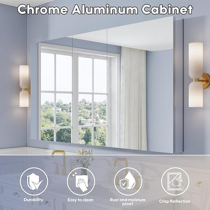 WELLFOR 64" x 36" Bathroom Medicine Cabinet with Mirror, Anodized Chrome Aluminum Frame, Surface Mount or Recessed Medicine Cabinet with Mirror, Bathroom Mirror with Storage, Three Doors
