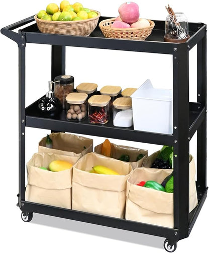XCX 3 Tier Metal Utility Rolling Cart with Wheels, Heavy Duty Storage Organizer Trolley Cart for Kitchen, Bathroom, Office, Bedroom – Multi-Purpose 330Lbs Capacity Utility Cart on Wheels, Black