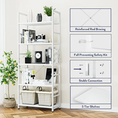 NUMENN 5 Tier Bookshelf, Tall Bookcase Shelf Storage Organizer, Modern Book Shelf for Bedroom, Living Room and Home Office, White