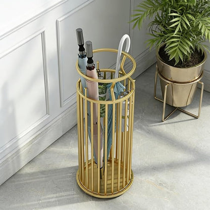 Metal Umbrella Stand with Hooks, Commercial Umbrella Holder & Storage Rack Organizer, Floor Standing Umbrella Bucket for Home, Hotel, Lobby & Entryway Decor.(Gold)
