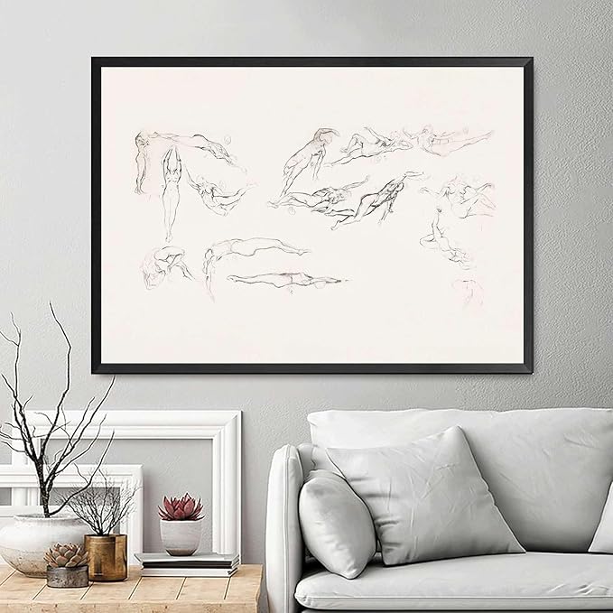 SENLYCH Canvas Painting Wall Mural Print Vintage Swimmer Art Sketch Beachy Wall Art Summer Home Decor Swimmer Neutral Art Print Living Room and Bedroom Decoration 12x18inch Metal Frame