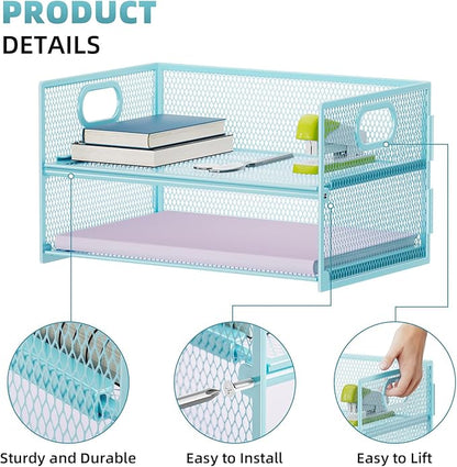 Marbrasse 2 Tier Paper Organizer Letter Tray, Mesh File Organizer with Handle, Paper Sorter Desk Organizer for Home Office Supplies - Blue