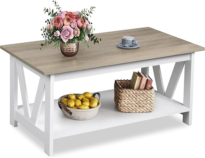 WLIVE Coffee Table for Living Room with Storage Shelf, 39.4" Farmhouse Coffee Table with V-Frame Support, 2-Tier Wood Rustic Center Table for Home Office, Apartment, Greige & White